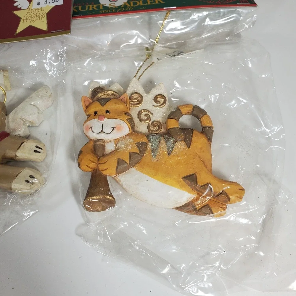 2 Kurt Adler Glitter Cat Angels Christmas Ornament Brown Orange Kittens New NIP